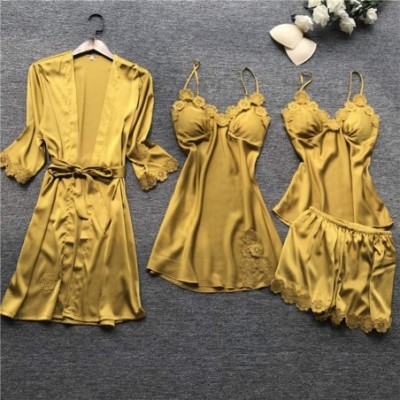 Sets Womens 4pcs Silk Satin Pajama Set Sexy Cami Top Nightgown Lace Sleepwear Robe Sets Nightdress with Chest Pads Yellow - C...