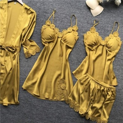 Sets Womens 4pcs Silk Satin Pajama Set Sexy Cami Top Nightgown Lace Sleepwear Robe Sets Nightdress with Chest Pads Yellow - C...