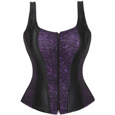 Shapewear Women Sexy Boned Lace up Corsets and Strap Bustiers Top Overbust Shaper - Zipper Purple - CE18HYDR487