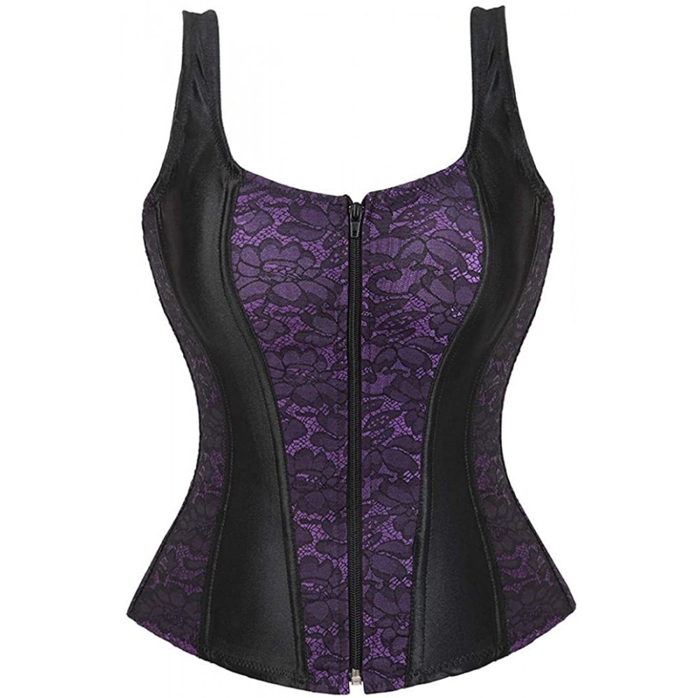 Shapewear Women Sexy Boned Lace up Corsets and Strap Bustiers Top Overbust Shaper - Zipper Purple - CE18HYDR487