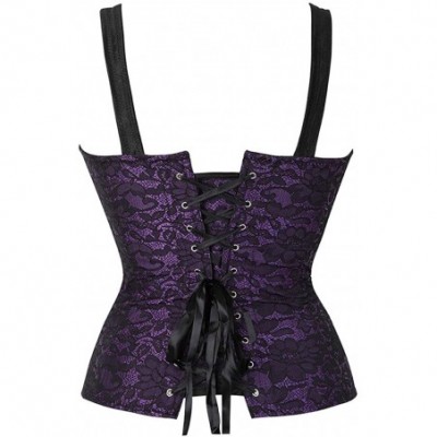 Shapewear Women Sexy Boned Lace up Corsets and Strap Bustiers Top Overbust Shaper - Zipper Purple - CE18HYDR487