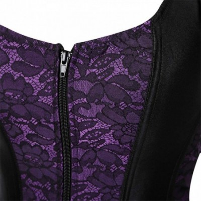 Shapewear Women Sexy Boned Lace up Corsets and Strap Bustiers Top Overbust Shaper - Zipper Purple - CE18HYDR487