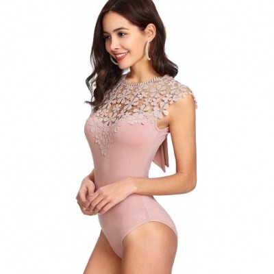 Shapewear Women's Sheer Floral Lace Bow Knot Back Bodysuit - Pink - CW18C59ZZM5