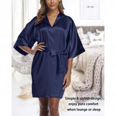 Robes Satin Robes for Women Summer Short Bathrobe Oblique V-Neck Kimono Robe Soft Silky Bridesmaids Robe - A-navy - CE1925DQOU0