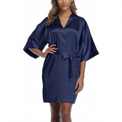 Robes Satin Robes for Women Summer Short Bathrobe Oblique V-Neck Kimono Robe Soft Silky Bridesmaids Robe - A-navy - CE1925DQOU0