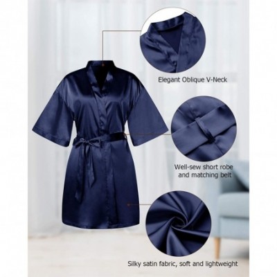 Robes Satin Robes for Women Summer Short Bathrobe Oblique V-Neck Kimono Robe Soft Silky Bridesmaids Robe - A-navy - CE1925DQOU0