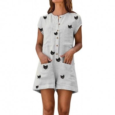 Thermal Underwear Women Casual Rompers Shift Daily Cute Cat Printed Holiday Short Sleeve Playsuit - Gray - CP18S5427CC