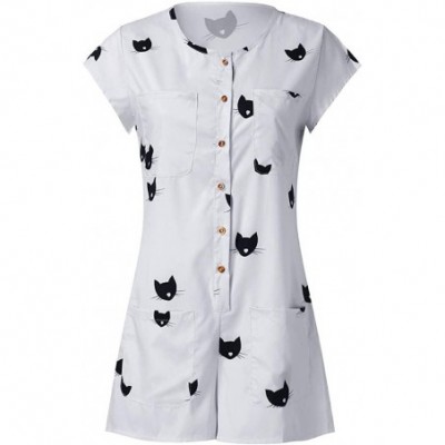 Thermal Underwear Women Casual Rompers Shift Daily Cute Cat Printed Holiday Short Sleeve Playsuit - Gray - CP18S5427CC