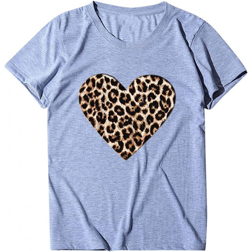 Thermal Underwear Women's Valentine's Day Casual Short Sleeve O Neck Leopard Print Heart-Shaped Top - Gray - CY194G44XYD