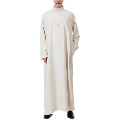 Robes Men's Stand Collar Long Sleeve Button Saudi Arab Thobe Islamic Muslim Dubai Robe - Beige - CL18TZ0SGDR