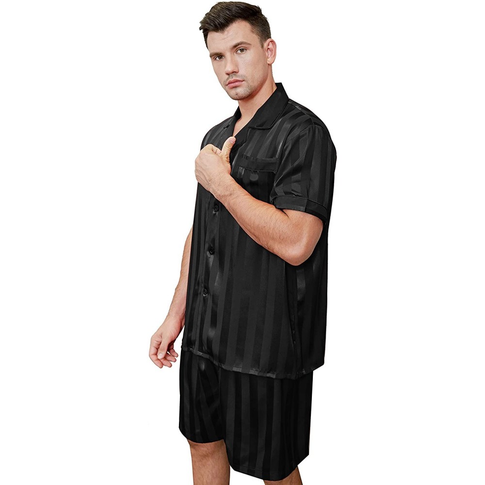 Sleep Sets Mens Satin Short Pajamas Set Sleepwear Loungewear S~4XL - Black - CA18H09ZK03