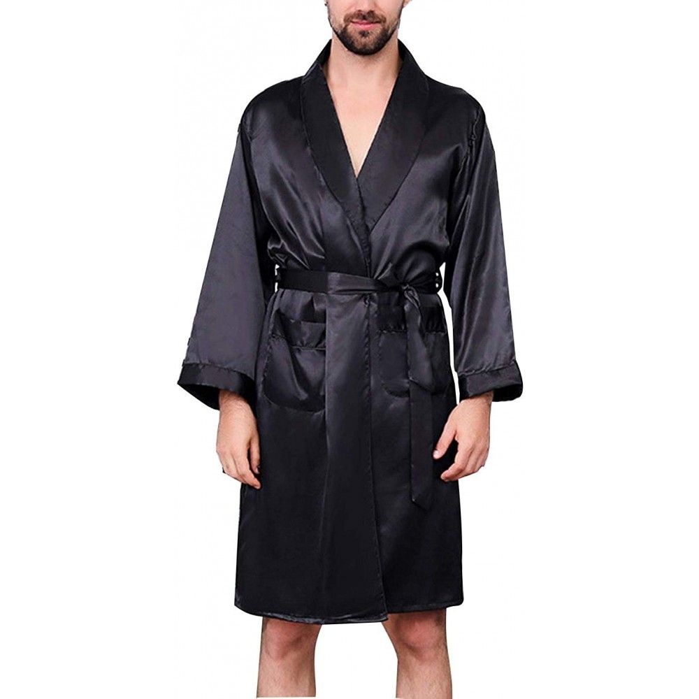 Robes Men's Printed Silk Satin Bathrobes with Shorts Long Sleeve Luxury Pajamas Sleepwear - Black 01 - CU199UMTZWC