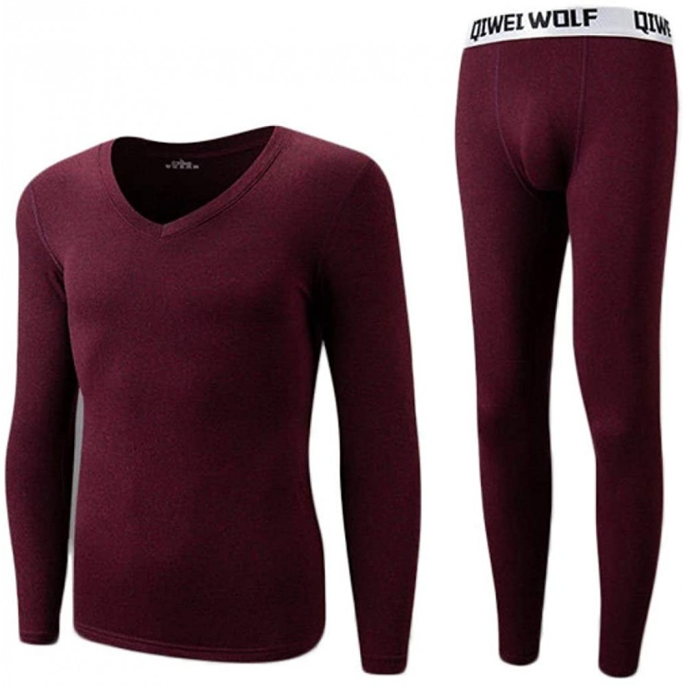 Thermal Underwear Mens Thermal Underwear Ultra Soft V-Neck Long John Set Winter Warm Base Layer Top and Bottom - Burgundy - C...