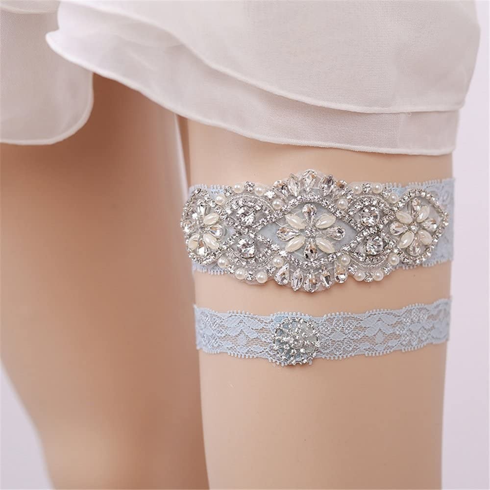 Garters & Garter Belts Sky Blue Elastic Wedding Bridal Lace Garter Set with Blink Rhinestone Flower Leaf Style Sequins Lace W...