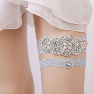 Garters & Garter Belts Sky Blue Elastic Wedding Bridal Lace Garter Set with Blink Rhinestone Flower Leaf Style Sequins Lace W...