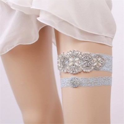 Garters & Garter Belts Sky Blue Elastic Wedding Bridal Lace Garter Set with Blink Rhinestone Flower Leaf Style Sequins Lace W...