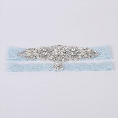 Garters & Garter Belts Sky Blue Elastic Wedding Bridal Lace Garter Set with Blink Rhinestone Flower Leaf Style Sequins Lace W...