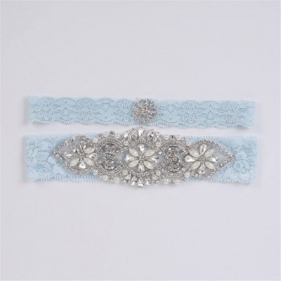 Garters & Garter Belts Sky Blue Elastic Wedding Bridal Lace Garter Set with Blink Rhinestone Flower Leaf Style Sequins Lace W...