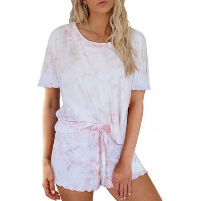 Sets Women Tie Dye Short Sleeve 2 PCS Outfits Sleepwear Shirt and Shorts Pajama Outfits - Pink - C019C764C2M