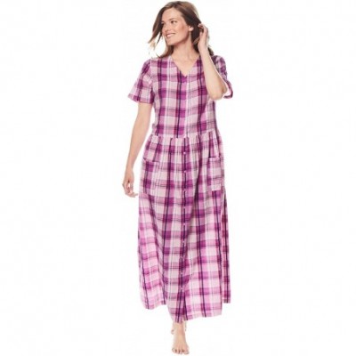 Nightgowns & Sleepshirts Women's Plus Size Long Seersucker Lounger Nightgown - Rich Magenta Plaid (0679) - CI197C8S2SX