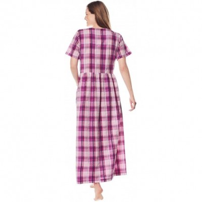 Nightgowns & Sleepshirts Women's Plus Size Long Seersucker Lounger Nightgown - Rich Magenta Plaid (0679) - CI197C8S2SX