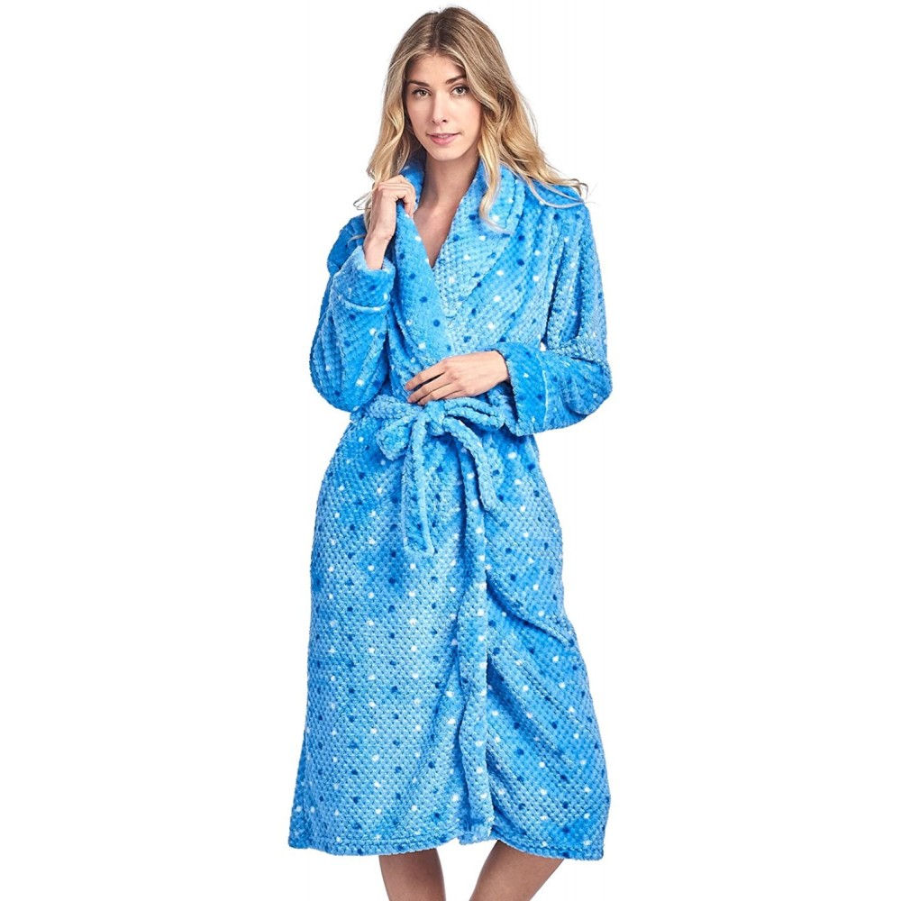 Robes Women's Long Fleece Plush Robe Soft Feeling Bathrobe - Multi Dot Blue - CN1803NEN9X