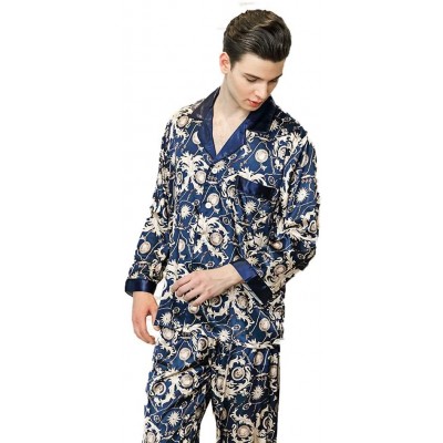 Robes Mens Pajamas/Thin Section Long Sleeve Trousers Robes Outfit Lightweight Casual Pajamas Suitable for Foot Bath-Blue-XL -...