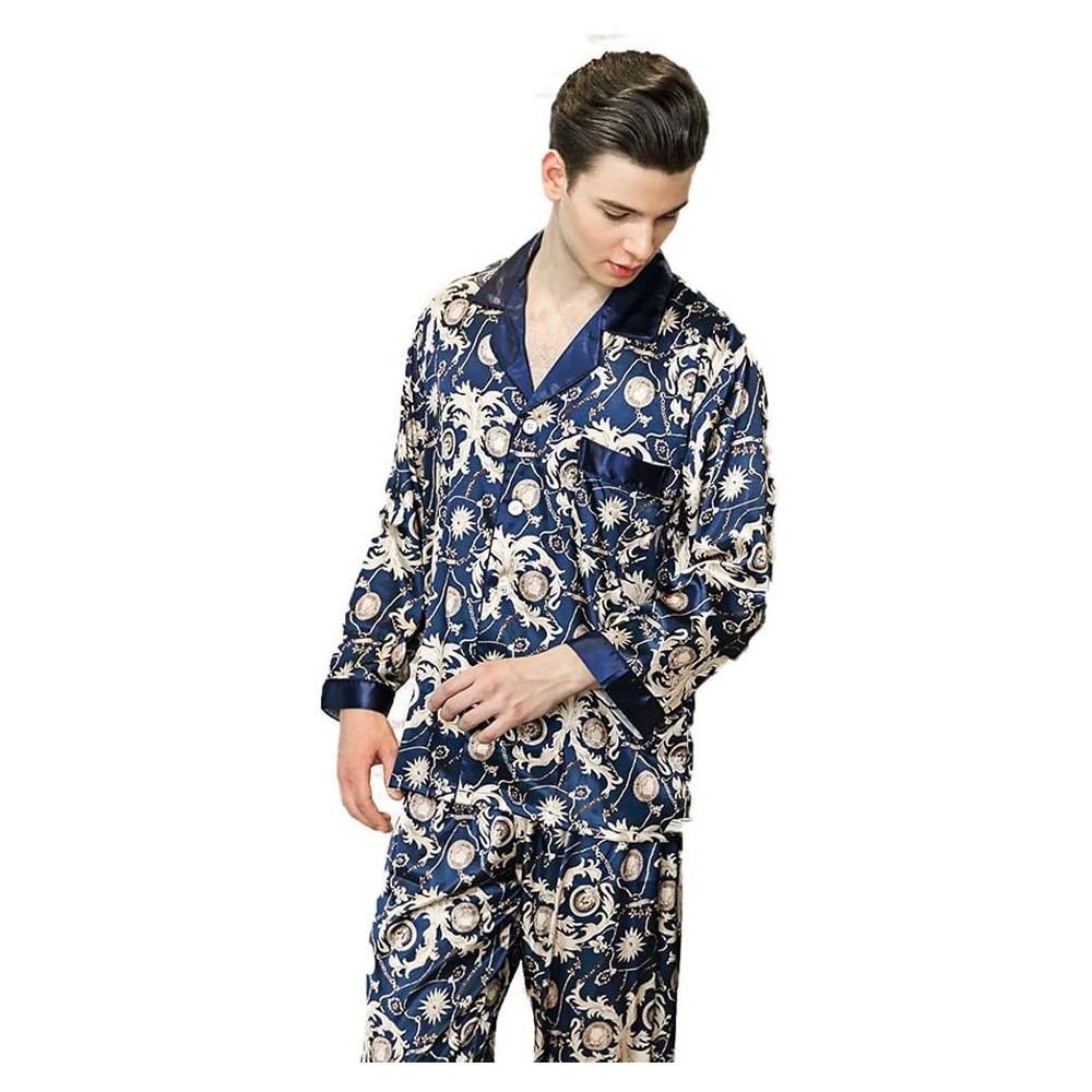 Robes Mens Pajamas/Thin Section Long Sleeve Trousers Robes Outfit Lightweight Casual Pajamas Suitable for Foot Bath-Blue-XL -...