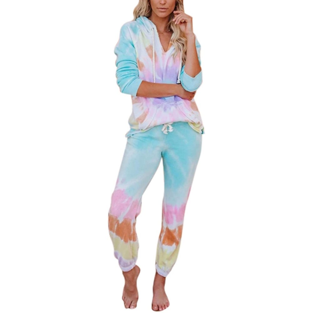 Sets Women 2 Piece Tie Dye Sweatsuit Set Long Sleeve Pullover and Drawstring Sweatpants Sets - Hooded - Multicolored - CN1903...