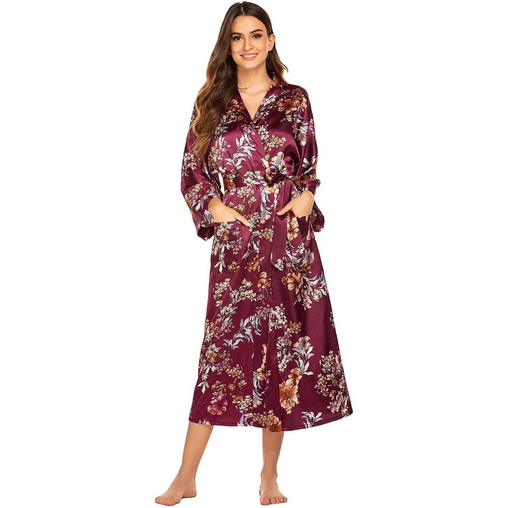 Robes Women's Printed Kimono Robes Long Silk Satin Sleepwear Dressing Gown - 11 Burgundy - CC197HD5KUE