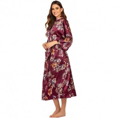 Robes Women's Printed Kimono Robes Long Silk Satin Sleepwear Dressing Gown - 11 Burgundy - CC197HD5KUE