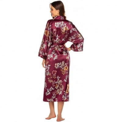 Robes Women's Printed Kimono Robes Long Silk Satin Sleepwear Dressing Gown - 11 Burgundy - CC197HD5KUE