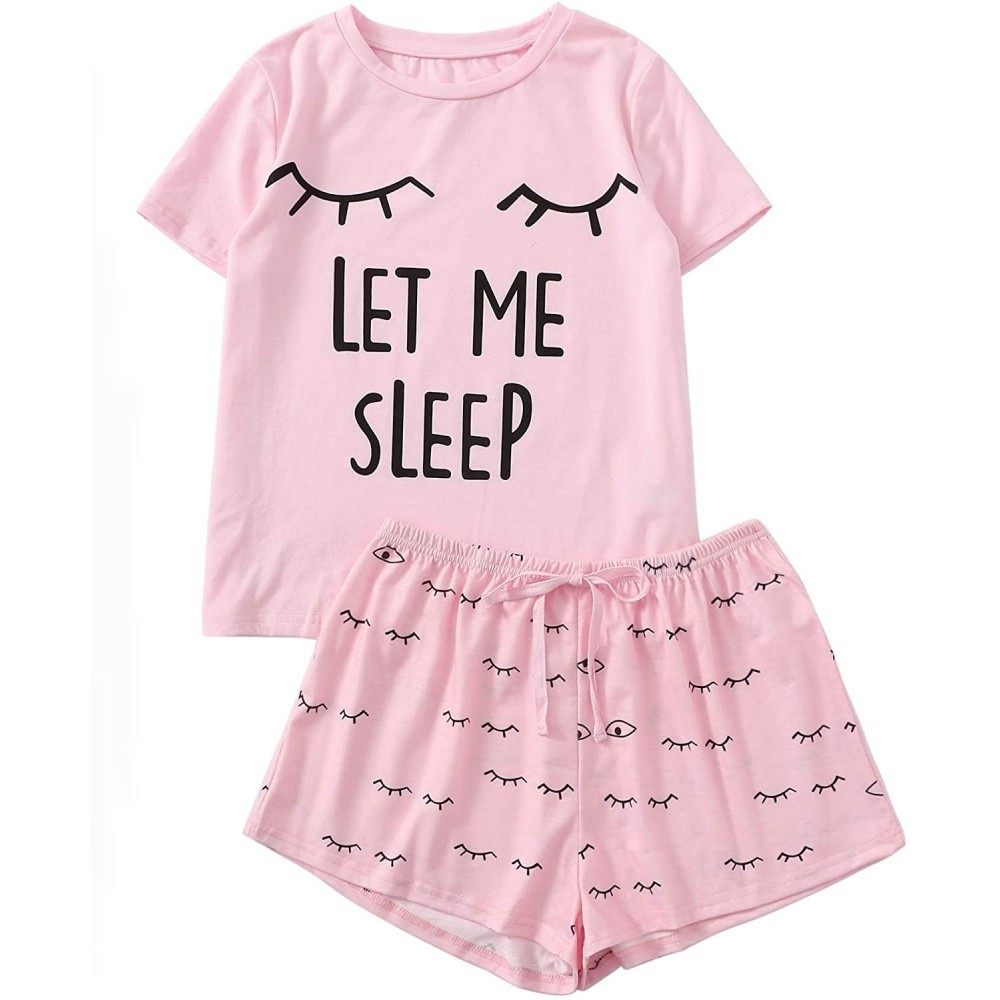 Sets Women's Sleepwear Closed Eyes Print Tee and Shorts Pajama Set - Pink - CK18MH3IOHO