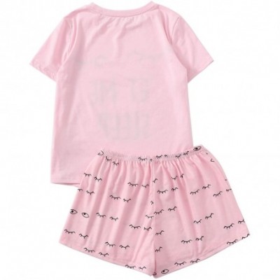 Sets Women's Sleepwear Closed Eyes Print Tee and Shorts Pajama Set - Pink - CK18MH3IOHO