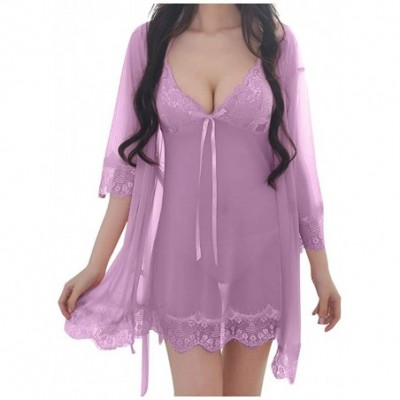 Accessories 3PC Sexy Lace Pajamas Set Womens Babydoll Chemise Nightdress Robe Underwear Sleepwear with Thong - Pink - CQ198E4...