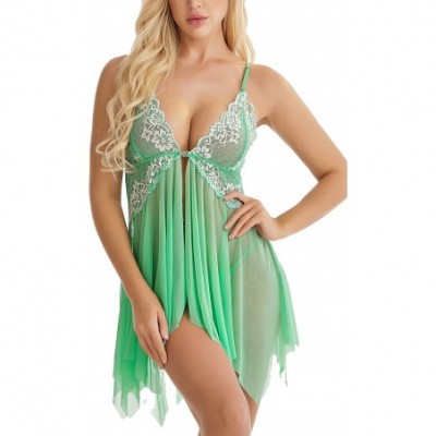 Baby Dolls & Chemises Lingerie for Women Front Closure Babydoll Lace Chemise V Neck Mesh Sleepwear - Apple Green - C218L78XL0M