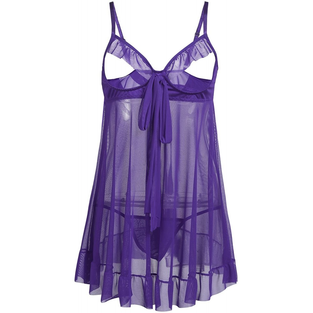 Baby Dolls & Chemises Plus Size Halter Chemises for Women Lace Babydoll Set Sexy Sheer Stain Lingerie Sleepwear - Purple 3 - ...