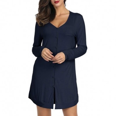 Nightgowns & Sleepshirts Women Cotton Button Front Sleepwear Shirts Nightgown Soft Long Sleeve Nightshirt Loungewear - Navy B...