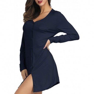 Nightgowns & Sleepshirts Women Cotton Button Front Sleepwear Shirts Nightgown Soft Long Sleeve Nightshirt Loungewear - Navy B...