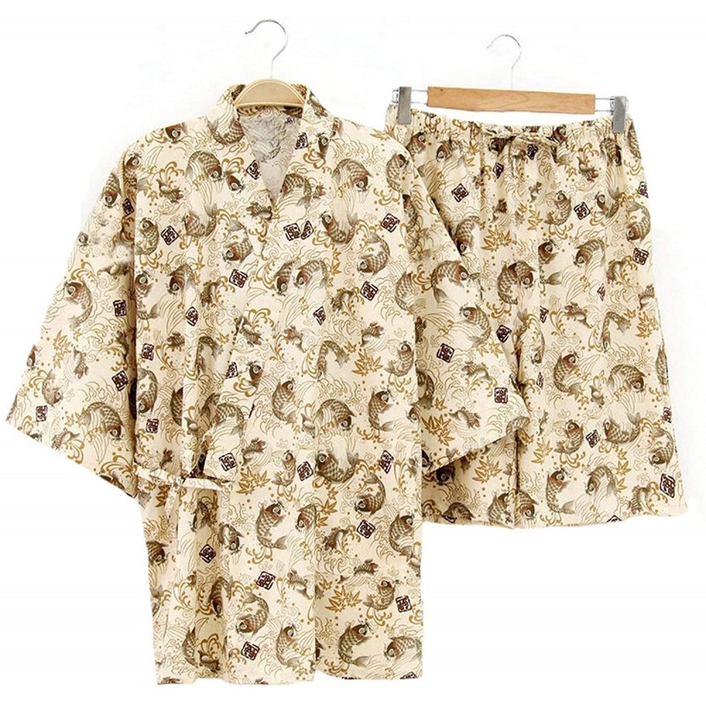 Sleep Sets Men Pajamas Sets Print Suit Soft Homewear Short Sleeve Tops & Shorts - Beige - C118UIZSR87