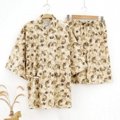 Sleep Sets Men Pajamas Sets Print Suit Soft Homewear Short Sleeve Tops & Shorts - Beige - C118UIZSR87