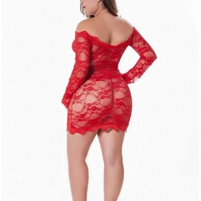 Robes Sexy Lingerie Off Shoulder Stretchy Chemise Floral Babydoll Lace Slim Bodysuits Nightwear Party - Red - C118UWOZXWL