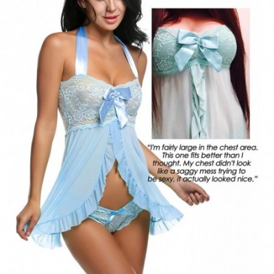 Baby Dolls & Chemises Lingerie for Women Lace Babydoll Dress Backless Halter Chemise - Sky Blue - CG18Z3AIG0Y