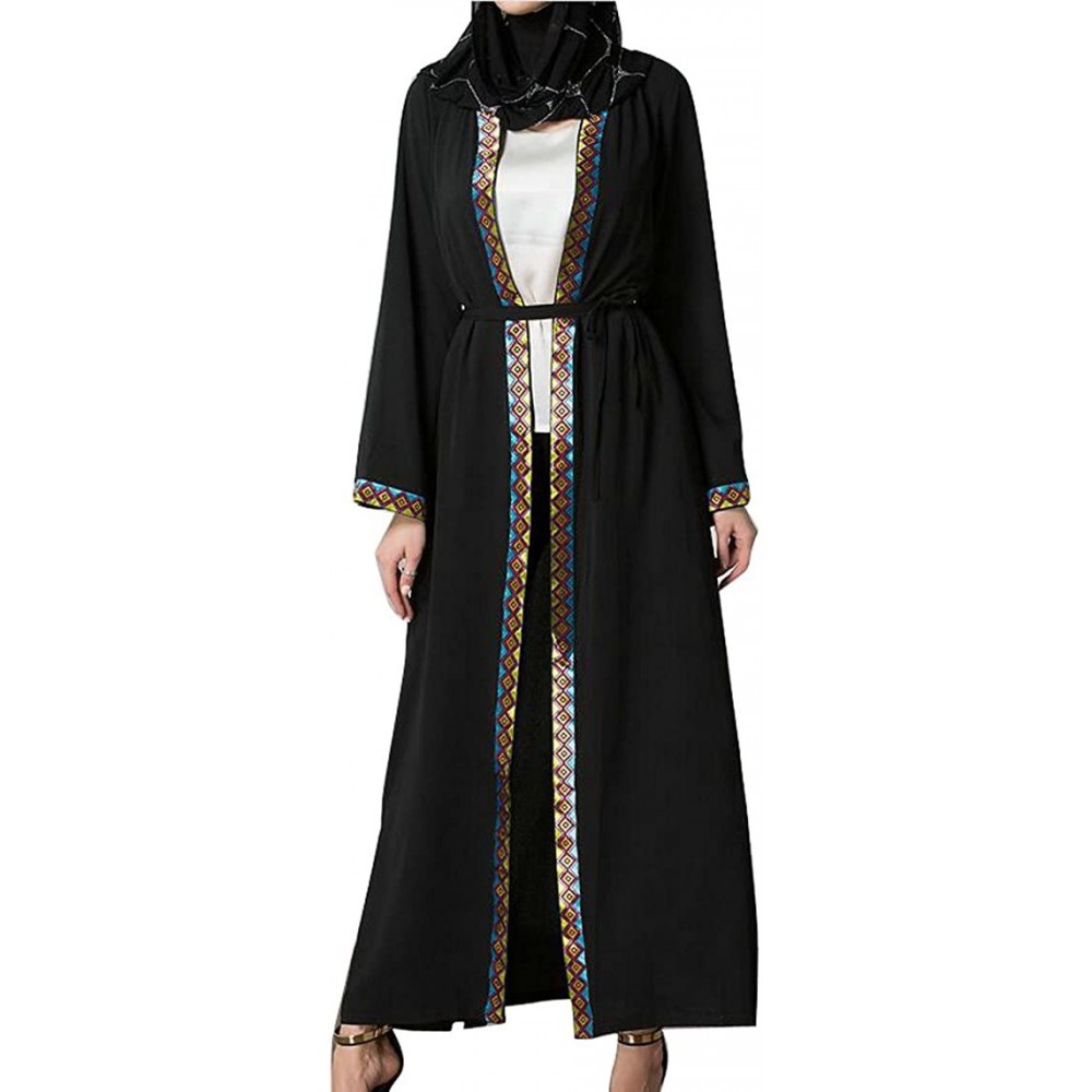 Robes Muslim Open Front Bandage Print Islamic Abaya Kaftan Robe - Black - CY18D2LTH93