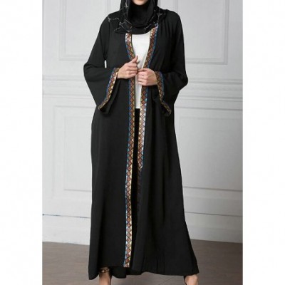 Robes Muslim Open Front Bandage Print Islamic Abaya Kaftan Robe - Black - CY18D2LTH93