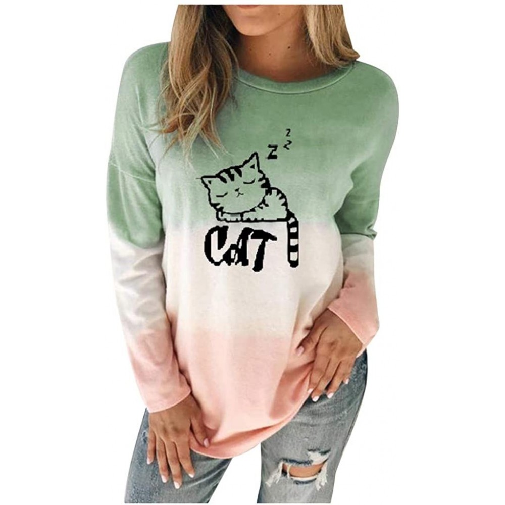 Garters & Garter Belts Womens Tie Dye Gradient Color Shirt Casual Cat Printed Long Sleeve O-Neck Tops Blouse Tunics - Green -...