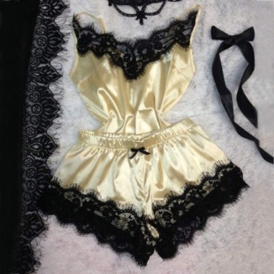 Sets Women Sexy 2Pcs Pajamas Set Satin Silk Sleepwear Lace Trim V Neck Lingerie Shorts Homewear - B-yellow - CQ194TQGEQA