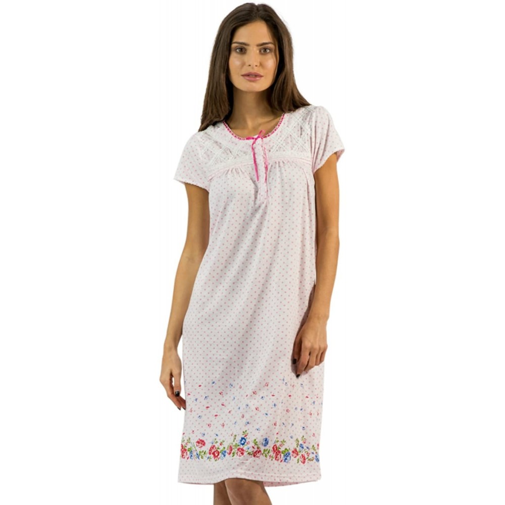 Nightgowns & Sleepshirts Women's Fancy Lace Flower Short Sleeve Nightgown - Dots/Pink - C612NRKKMF0