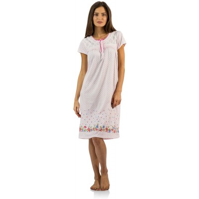 Nightgowns & Sleepshirts Women's Fancy Lace Flower Short Sleeve Nightgown - Dots/Pink - C612NRKKMF0