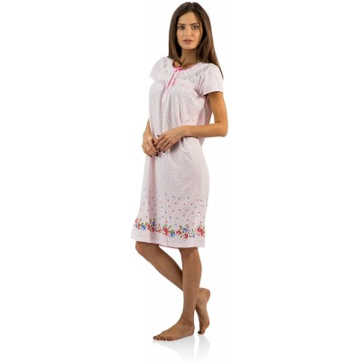 Nightgowns & Sleepshirts Women's Fancy Lace Flower Short Sleeve Nightgown - Dots/Pink - C612NRKKMF0